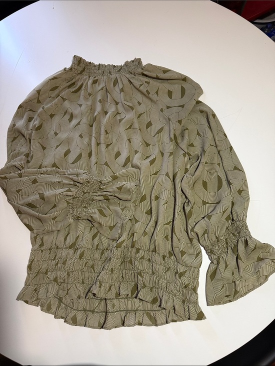 Worthington Tops - Worthington Olive Green Geometric Smocked-Waist Blouse